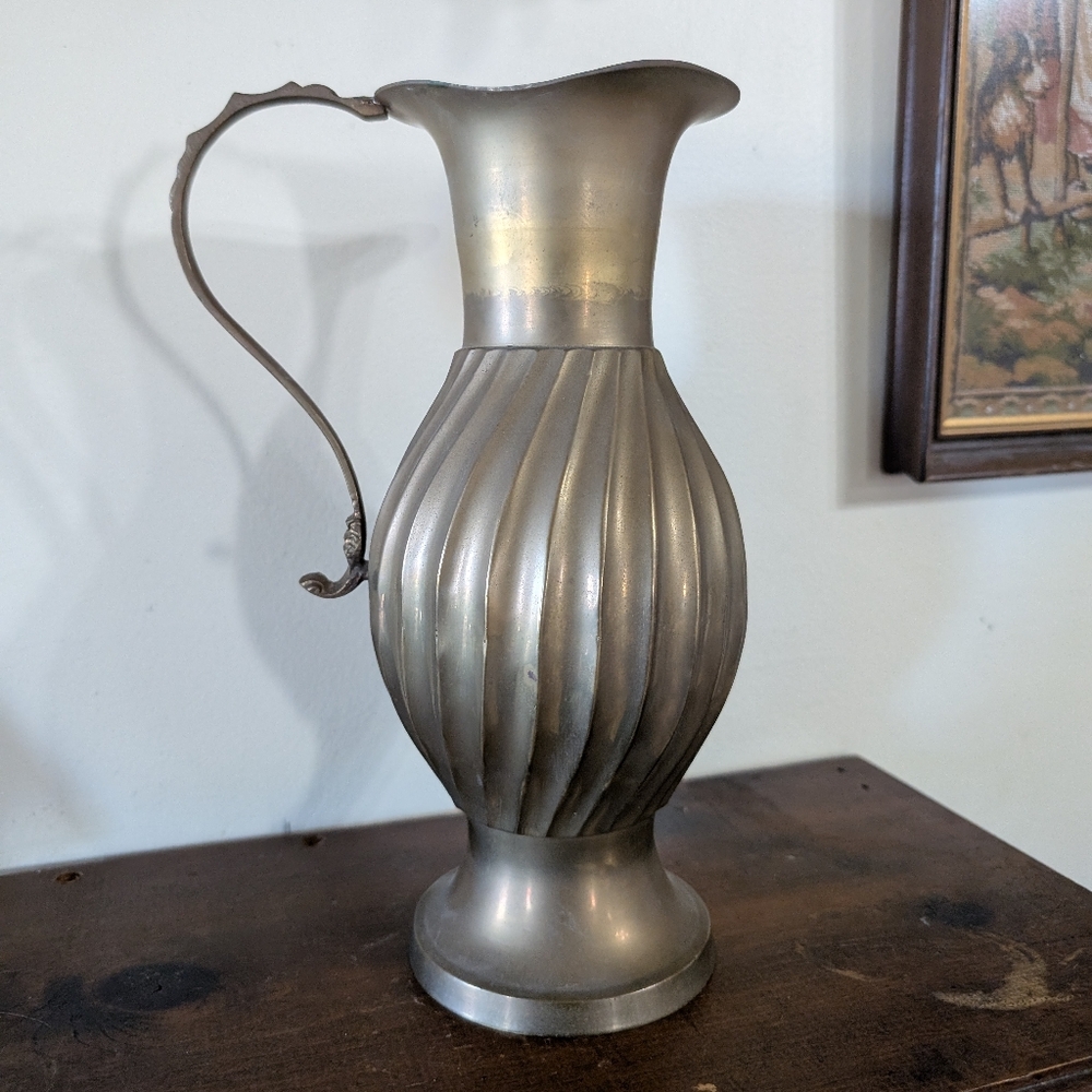 Vintage Brass Pitcher Decorative Pitcher Vase Fluted Metal Ewer Swirl Victorian
